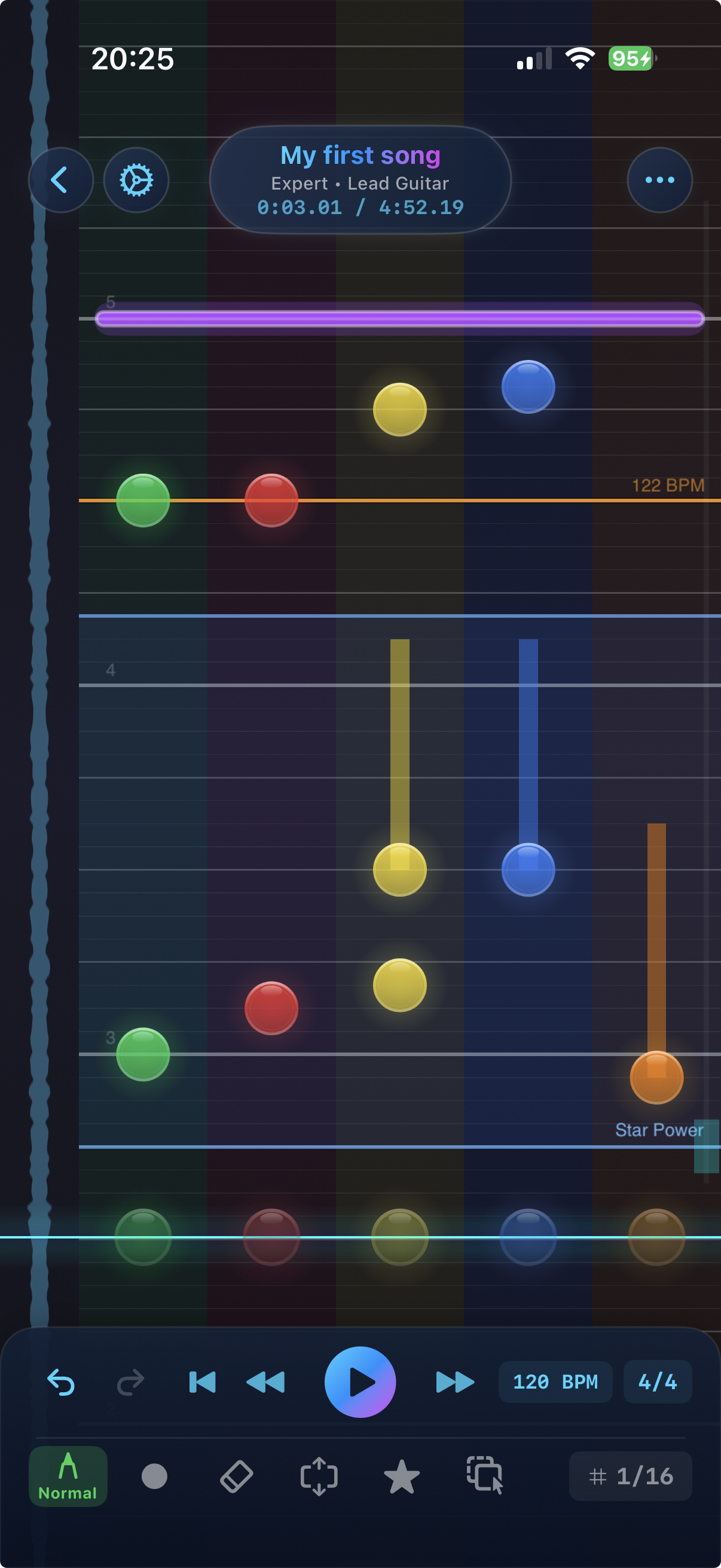 PocketCharter editor showing a Clone Hero chart timeline on iPhone