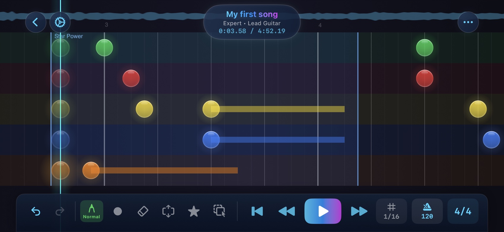PocketCharter landscape editor with notes, sustains, star power, and playback controls