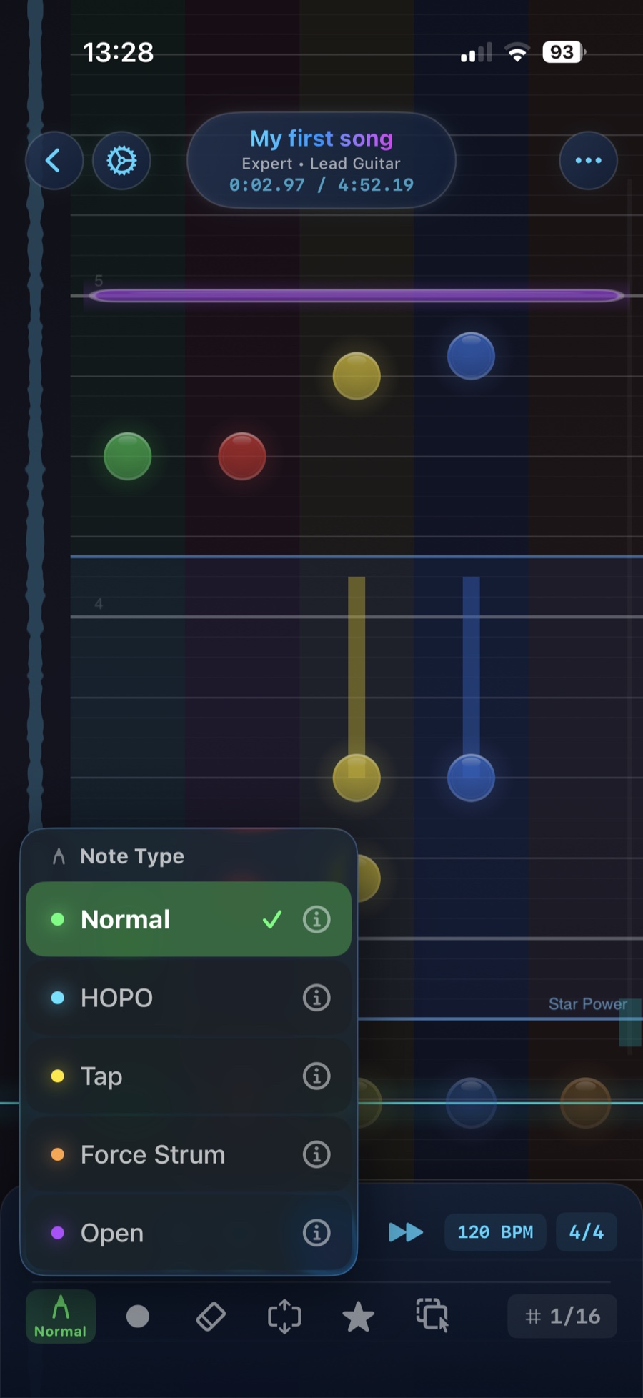 PocketCharter note type menu showing normal, HOPO, tap, force strum, and open notes