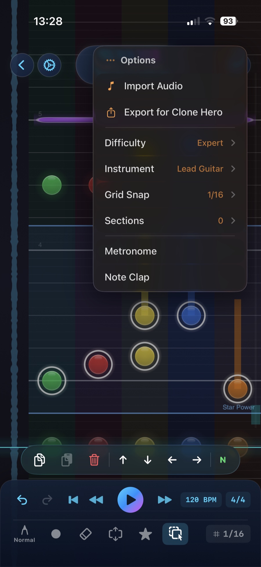 PocketCharter editor options menu with import, export, difficulty, instrument, and grid snap controls