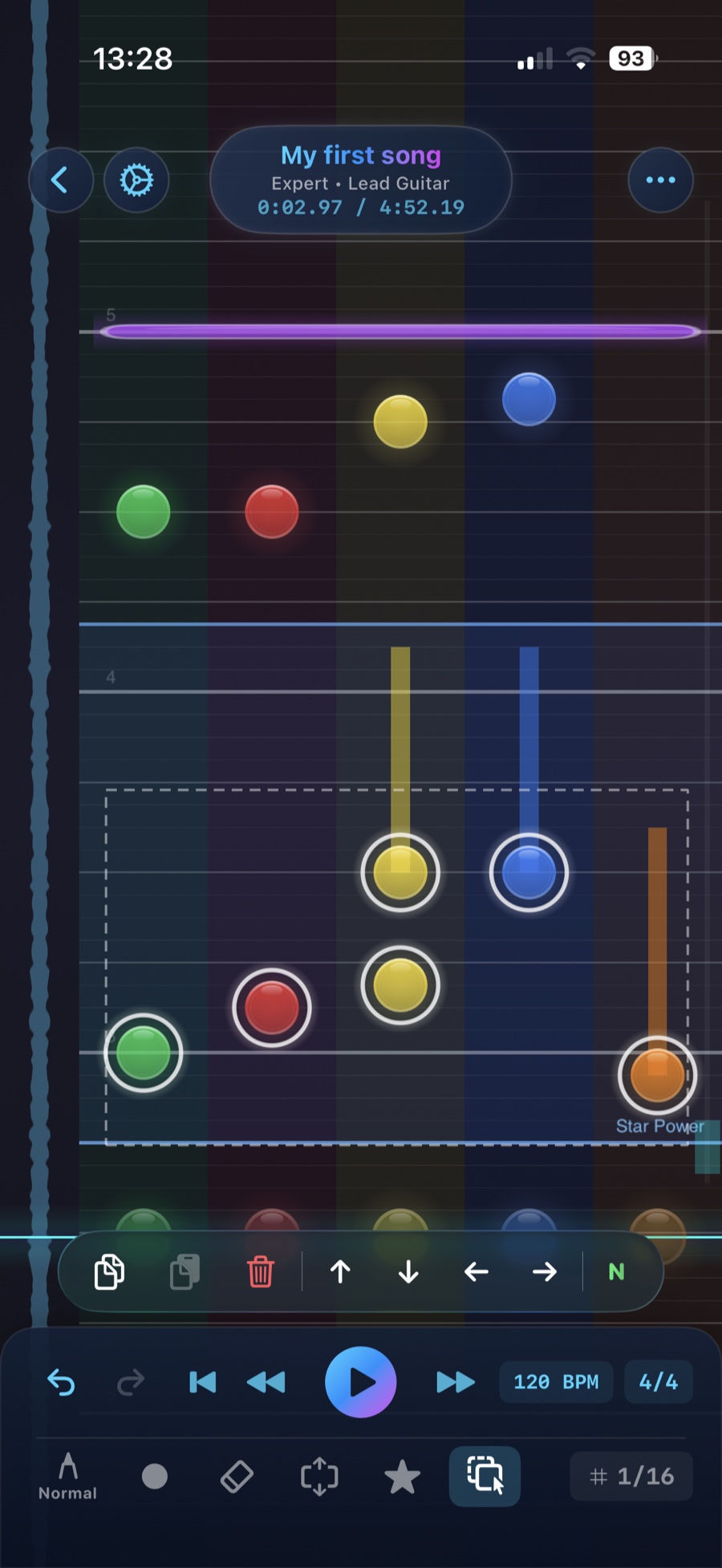 PocketCharter editor showing a selected section of notes and star power