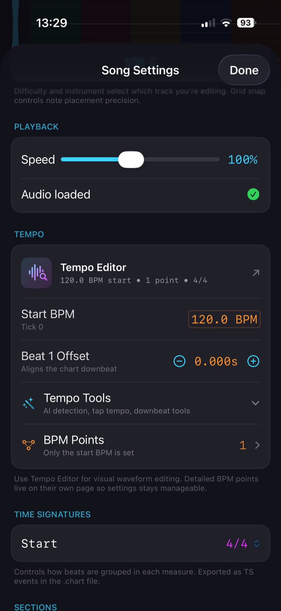 PocketCharter song settings showing playback speed and tempo tools