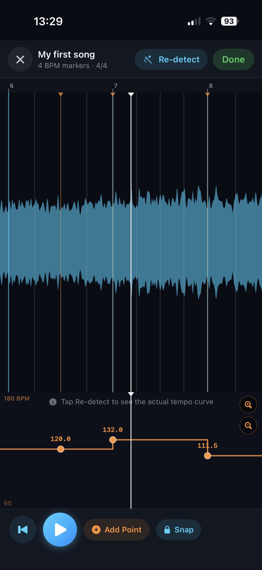 PocketCharter Tempo Editor showing waveform and BPM points